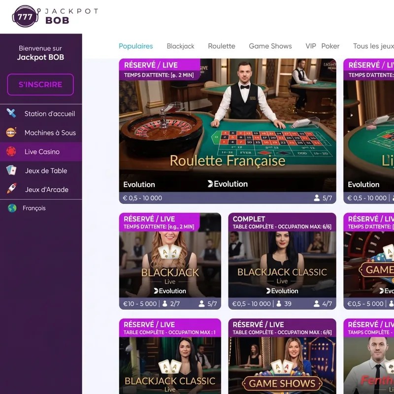 Lobby du casino en direct Evolution sur Jackpot Bob avec tables francophones de roulette et blackjack