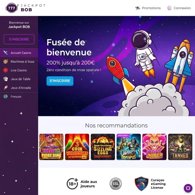 Page d'accueil de Jackpot Bob Casino affichant le bonus de bienvenue 200% jusqu'à 200€ et 50 tours gratuits