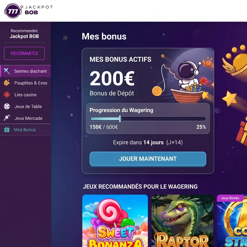 Suivi du wager sur Jackpot Bob Casino avec progression des mises 1247 sur 8000 euros requis
